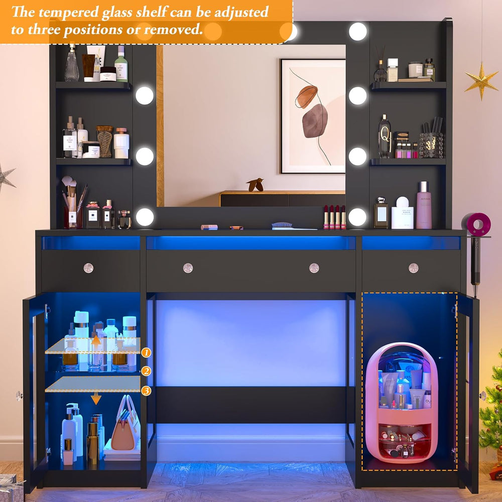 Vanity Desk W/6000-Colors Light&Power Outlet,Makeup Vanity Desk W/LED Mir...