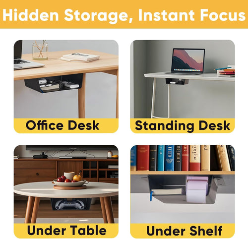 2 Pack Under Desk Hanging Shelf Drawer Organizer, Attachable Plastic Hidden Storage Tray, Easy Adhesive Mount Holder for Standing Tables, Office, Counters, Cabinets, Workstations - Black