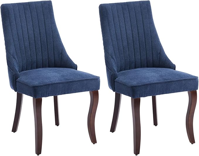 Dining Chairs Set of 2，Linen Channel Tufted Kitchen Dining Room Chair with Curved Solid Wood Legs, Comfortable Fabric Upholstered Dining Chair for Dining Room, (Blue, 2pc)