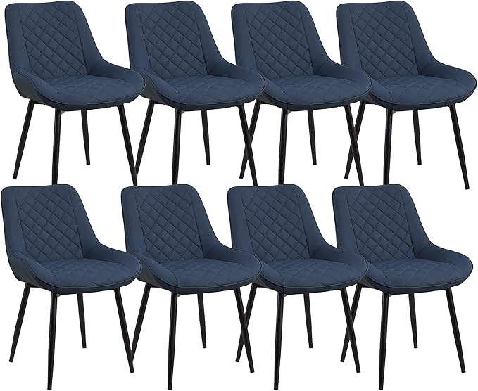 Dining Chair Set of 8, Modern Dining Chairs with Thick Cushions, Faux Leather Upholstered Kitchen Dining Room Chairs with Metal Adjustable Legs for Dining Living Room, Blue