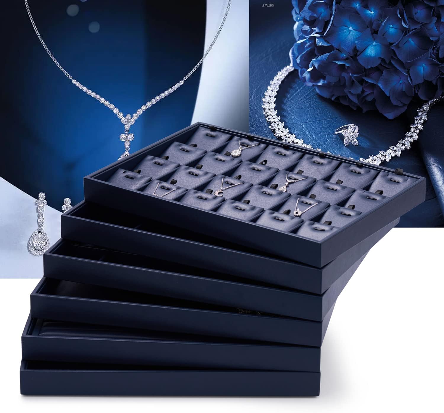 Oirlv Stackable Premium Leather Jewelry Trays 24 Grid Jewelry Organizer for Drawer Rings Earrings Holder Organizer