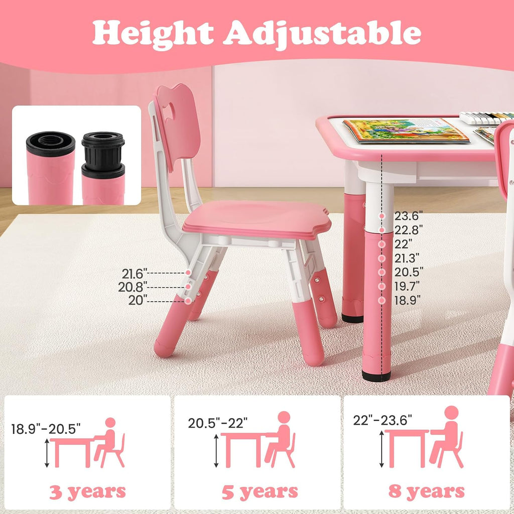 INFANS Kids Table and Chiar Set, Height Adjustable Toddler Desk and 4 Chairs with Graffiti Desktop Non-Slip Legs, Large 47" L x 23.5" W Multi-Activity Art Table for Daycare Classroom Home (Pink)