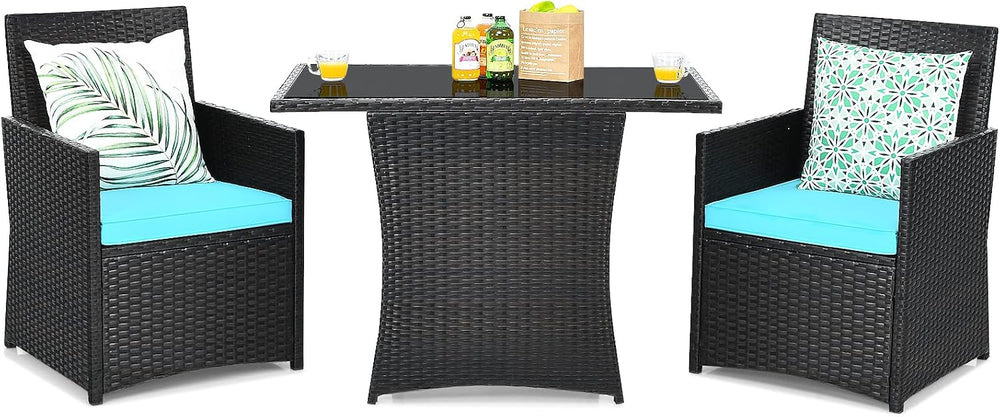 Tangkula 3 Pieces Patio Dining Set, Space-Saving PE Rattan Bistro Set with Te...