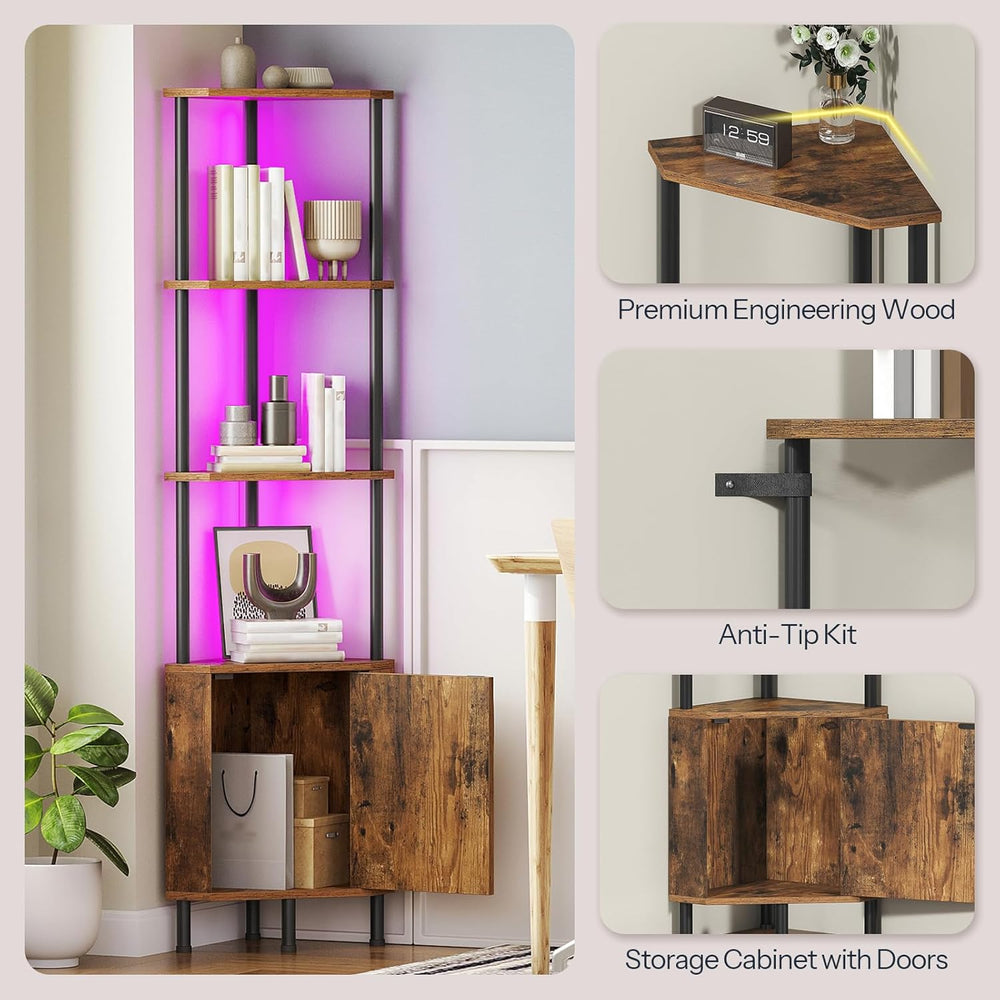 HOOBRO Corner Cabinet with LED Light, Corner Shelf Stand with Storage and Doo...