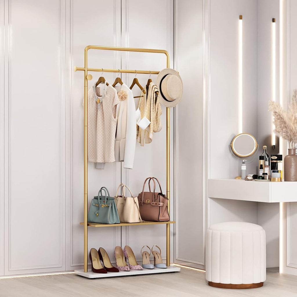 TIEOU Gold Coat Racks with Shelf, Heavy Duty Gold Clothing Racks for Boutiques, Free-Standing Metal Garment Rack for Hanging Clothes, Modern Clothes Rack Entryway(2 tier)