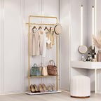 TIEOU Gold Coat Racks with Shelf, Heavy Duty Gold Clothing Racks for Boutiques, Free-Standing Metal Garment Rack for Hanging Clothes, Modern Clothes Rack Entryway(2 tier)
