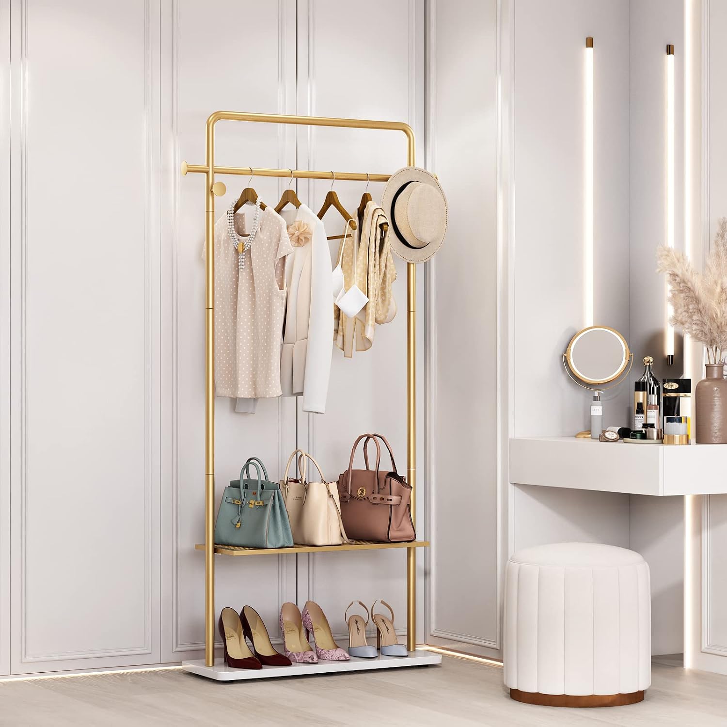 TIEOU Gold Coat Racks with Shelf, Heavy Duty Gold Clothing Racks for Boutiques, Free-Standing Metal Garment Rack for Hanging Clothes, Modern Clothes Rack Entryway(2 tier)