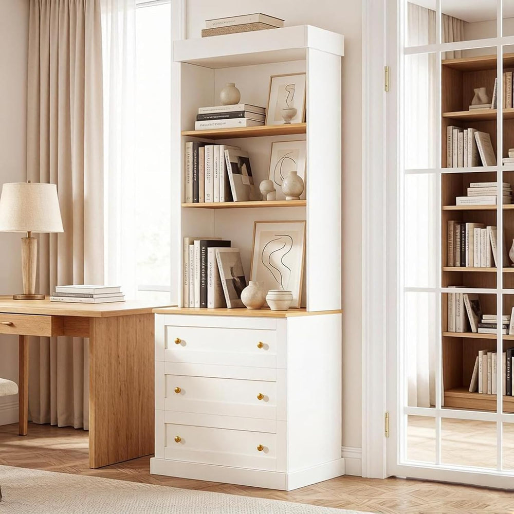 71" Tall Modular Farmhouse Bookcase with Drawers,Expandable Wooden Stora...