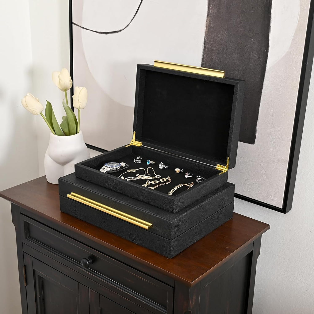 Faux Shagreen Leather Jewelry Boxes Set of 2 with Gold Handles, Decorative Organizer Storage Box for Rings, Earrings, Watches, Dresser, Vanity, Stackable, Black