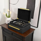 Faux Shagreen Leather Jewelry Boxes Set of 2 with Gold Handles, Decorative Organizer Storage Box for Rings, Earrings, Watches, Dresser, Vanity, Stackable, Black