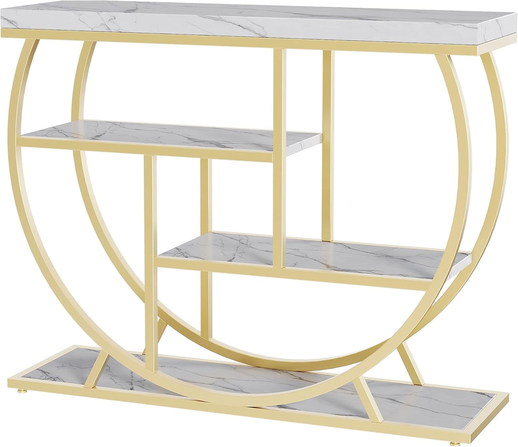 Garvee Entryway Table with Storage, Industrial 4-Tier Narrow Console Table Behind Couch with Half-Circle Base & Storage Shelves for Living Room, Hallway, Foyer