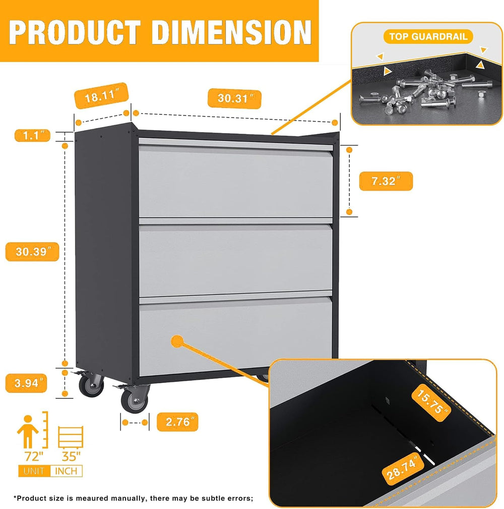 Metal Garage Storage Cabinet with 3 Large Drawers, Rolling Drawer Storage Too...
