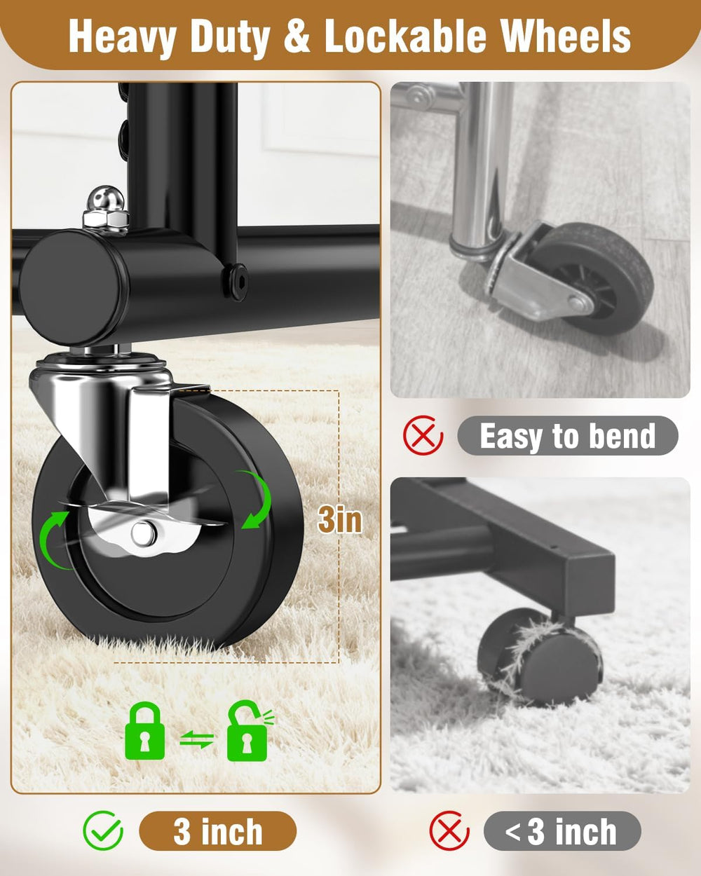 EAGMAK Rolling Clothes Rack Heavy Duty Clothing Racks with 2 Shelves, Black