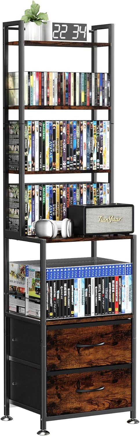CD Rack and Storage with Two Drawers, 7-Tier DVD Shelf and Rack, CD Storage Tower and Holder for DVDs, Books and Media Games, Movie Collection and Decor, Ideal for Living Room, Home