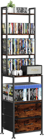 CD Rack and Storage with Two Drawers, 7-Tier DVD Shelf and Rack, CD Storage Tower and Holder for DVDs, Books and Media Games, Movie Collection and Decor, Ideal for Living Room, Home