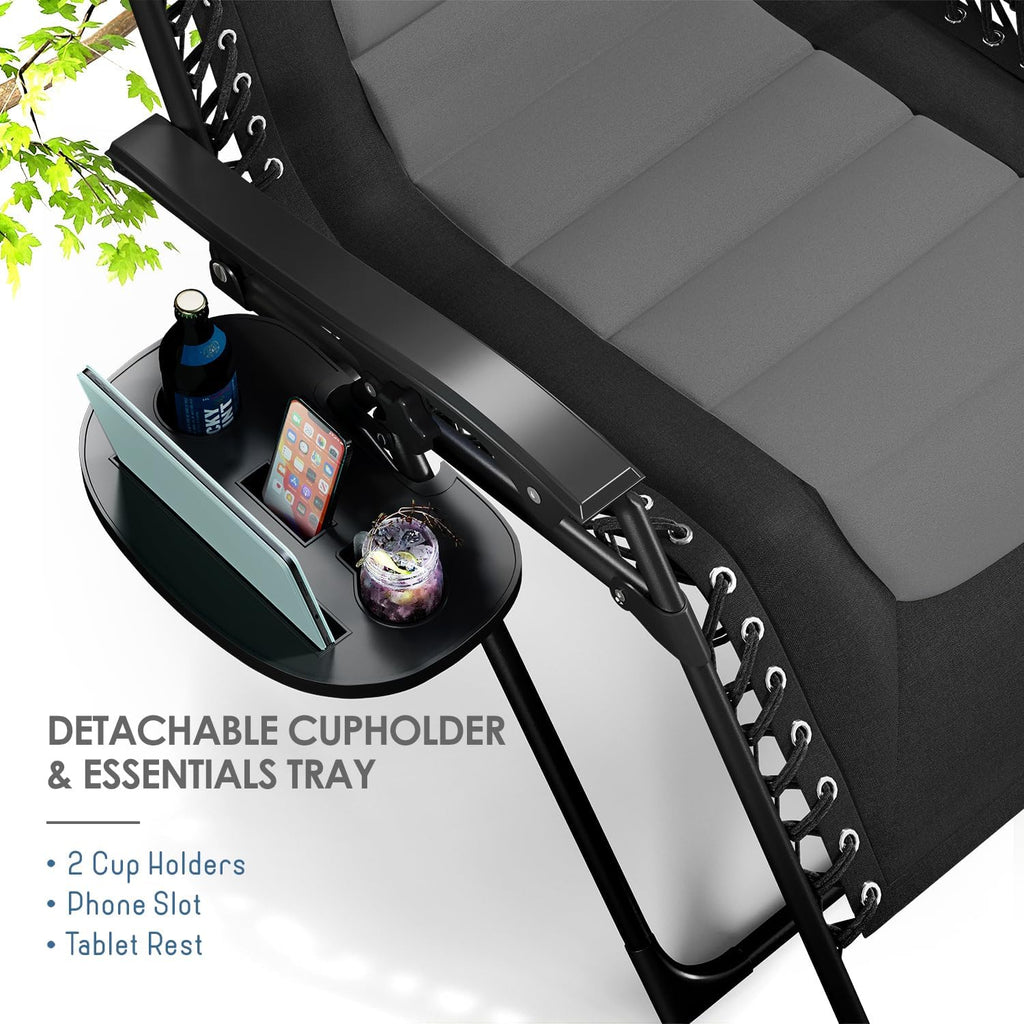 Nestl Padded Oversized Zero Gravity Chair, XL Folding Outdoor Lounge Chair | Adjustable Headrest, Cup Holder & Side Tray, Support 330 LBS, Anti Gravity Reclining, For Patio, Camping & Beach, Black/Grey