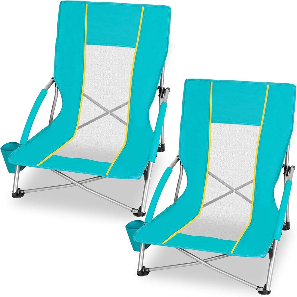 Romswi 2 Pack Lightweight Low Beach Chairs with Breathable Mesh Back,6LBS Fol...