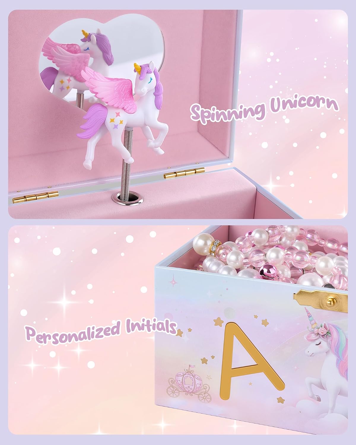 Lolalet Unicorn Jewelry Box for Girls, Kids Initial Musical Jewelry Organizer with Spinning Doll, Personalized Birthday Gifts for Little Girls Children Toddler Ages 3 4 5 6 7 8 (Box Only) -Letter A