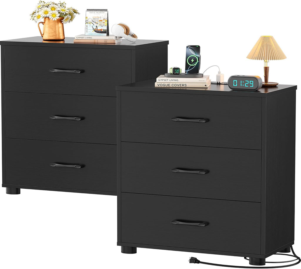 Aheaplus Night Stand Set of 2 with Charger Station, 21.7'' Wider Nightstands with 3 Wooden Drawers, Large Tall Bedside Table, Modern End Side Table Set, Nightstand for Bedroom, Black