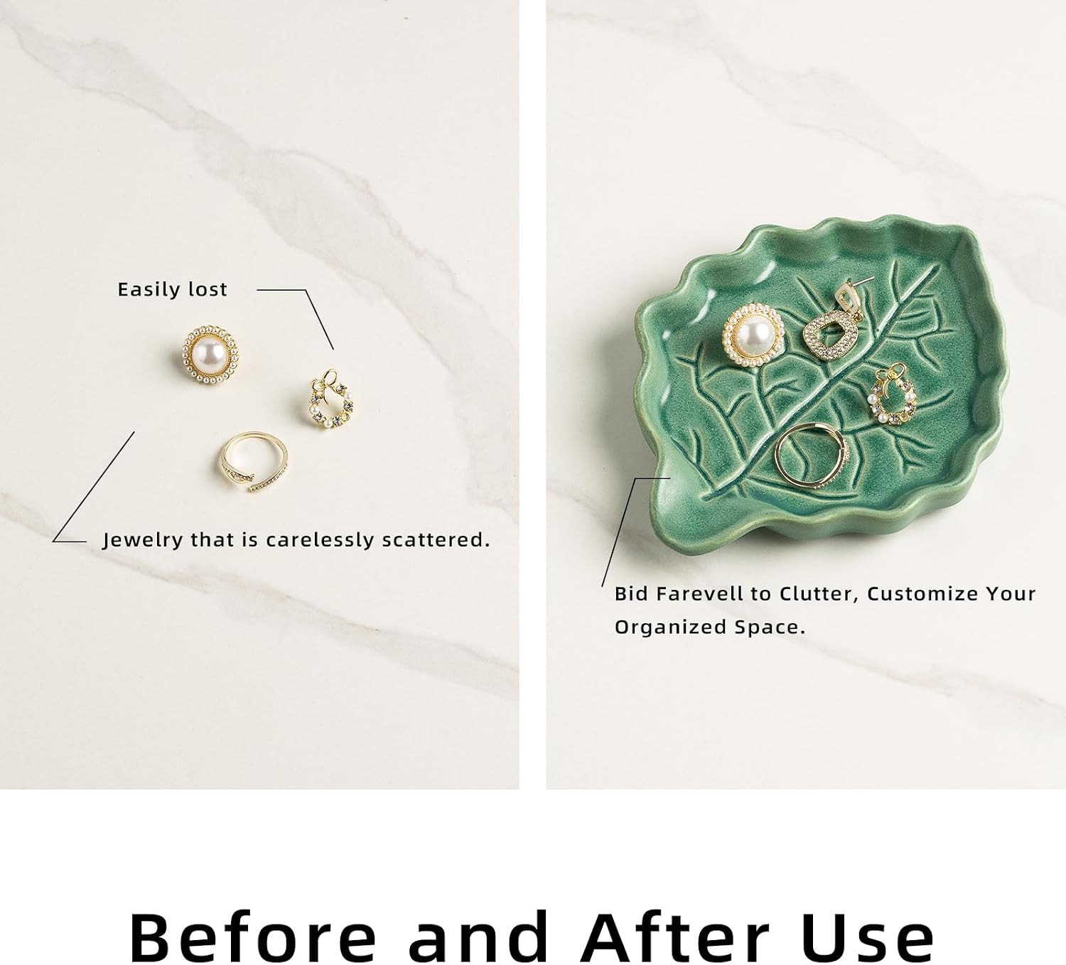 Ceramic Leaf Ring Dish, Small Trinket Tray with Gift Box | Holds rings, earrings, necklaces, keys, coins, and hair clips in one easy-to-see spot for daily use at home