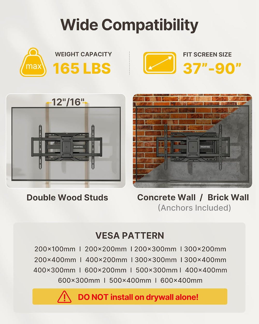 monTEK Heavy Duty Full Motion TV Wall Mount for 37-90 Inch TVs up to 165 lb |...