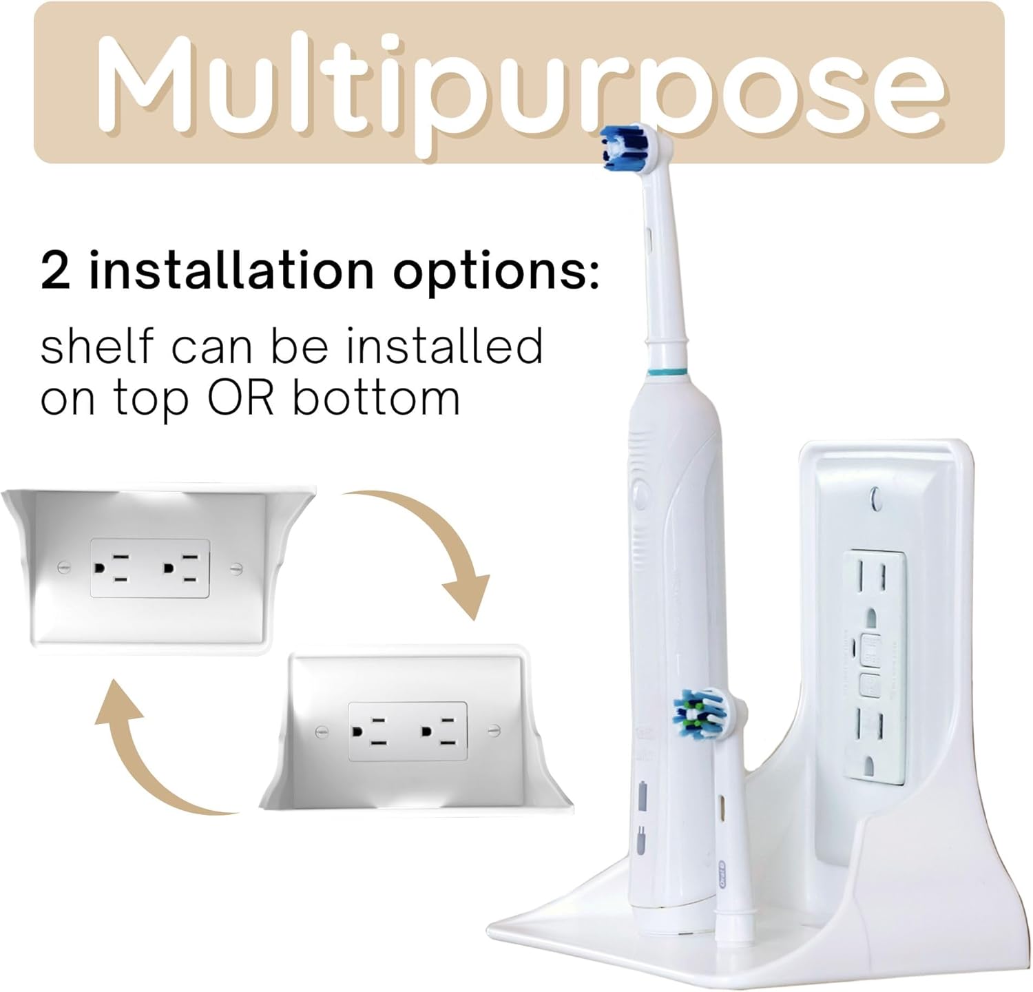 Power Perch Horizontal Wall Outlet Shelf with Cord Storage Strap - Declutter & Reclaim Bathroom Counter Space - Alexa Stand, Apple Homepod Shelf, Toothbrush Holders Wall Mounted - White, 1-Pack