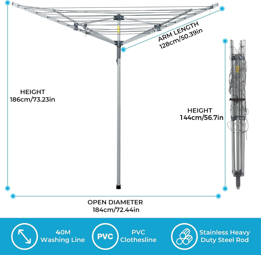 JS HANGER Collapsible 4-arm Rotary Outdoor Umbrella Drying Rack Metal Clothes Dryer Clothesline with 131ft Drying Space