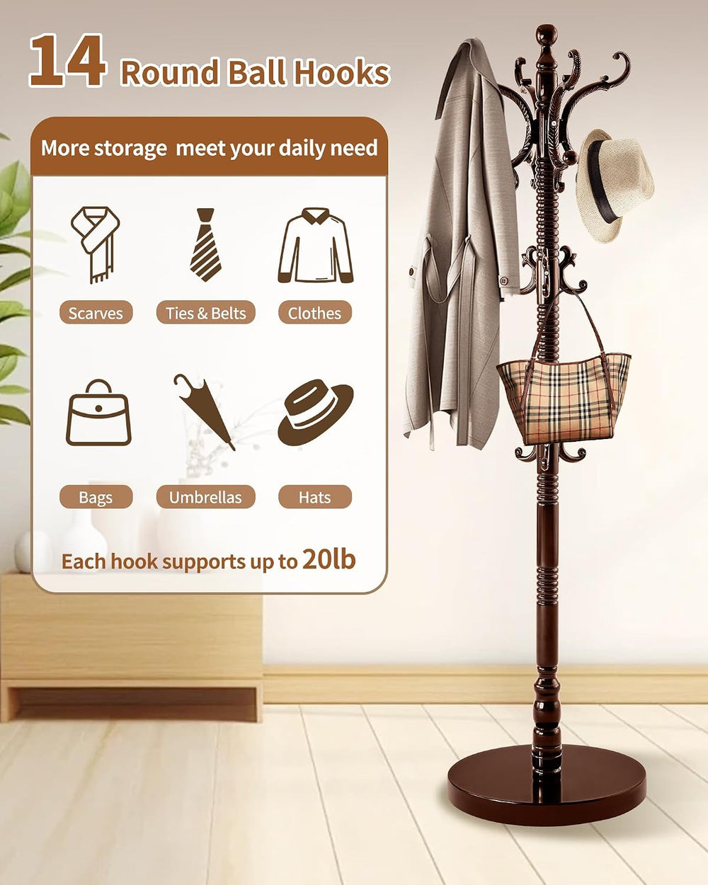 Coat Rack Freestanding,Solid Wood Vintage Hall Tree with 14 Hooks