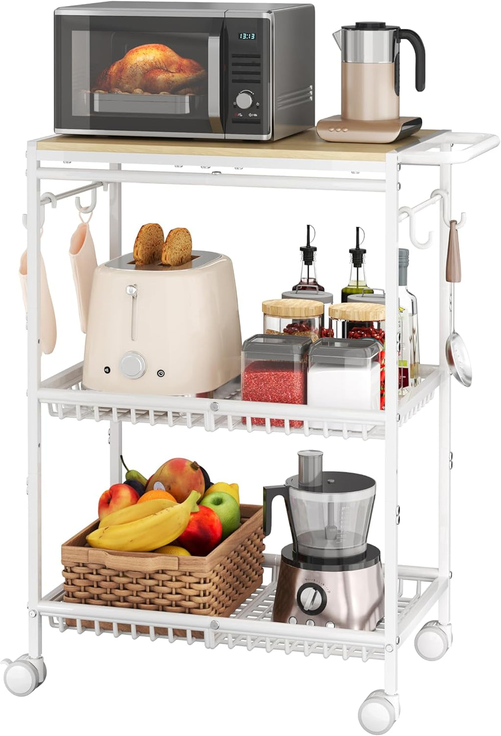 Microwave Kitchen Cart with 2 Lockable Wheels, White Kitchen Storage Cart wit...