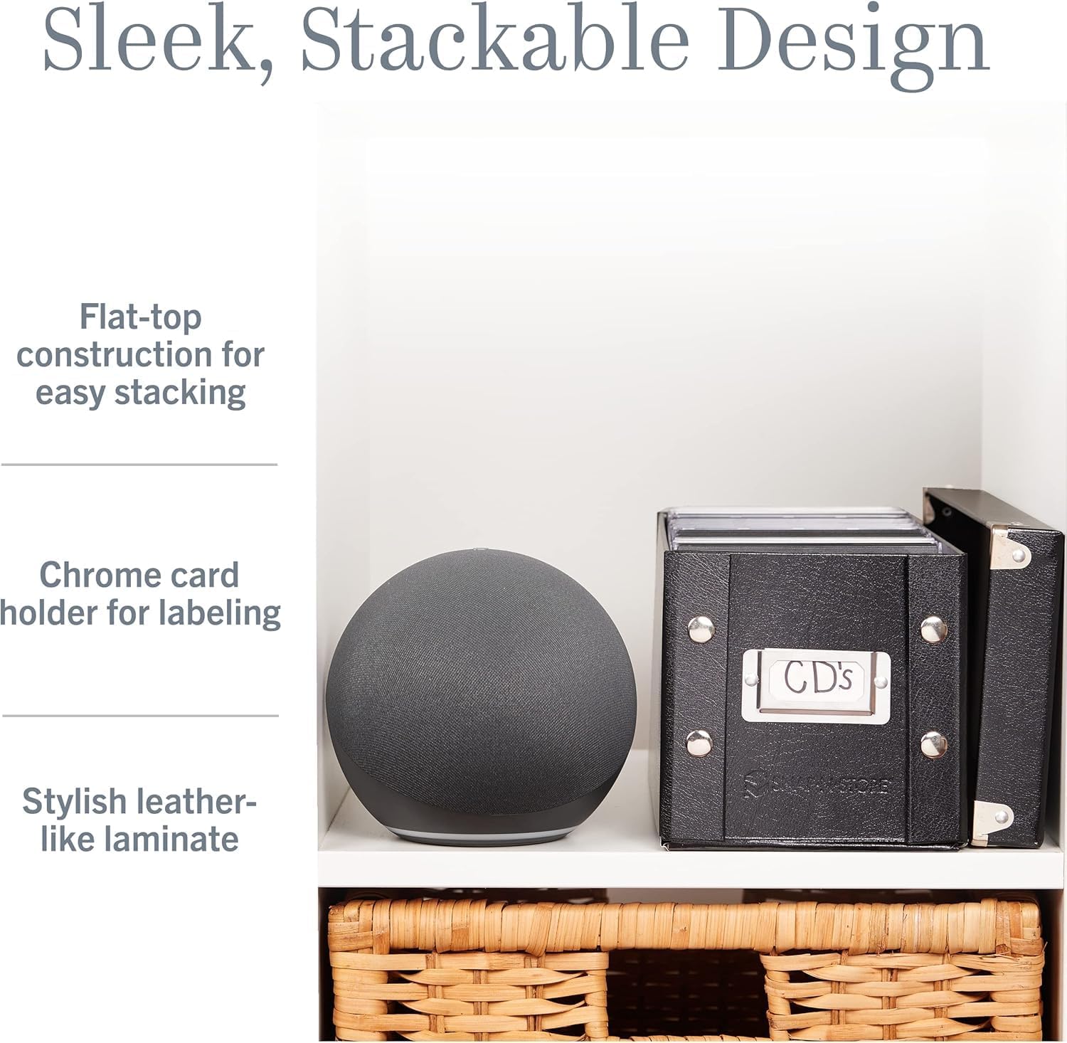 Snap-N-Store CD Storage Box - 2 Pack - Durable 5.1 x 5.1 x 13.2 Inch Disc Holders with Lids to Store up to 52 CDs - Black