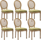 French Country Dining Chairs Set of 6,Farmhouse Upholstered Dining Room Chairs with Round Back and Solid Leg,Rattan Kitchen Chairs for Kitchen/Bedroom/Dining Room,Green