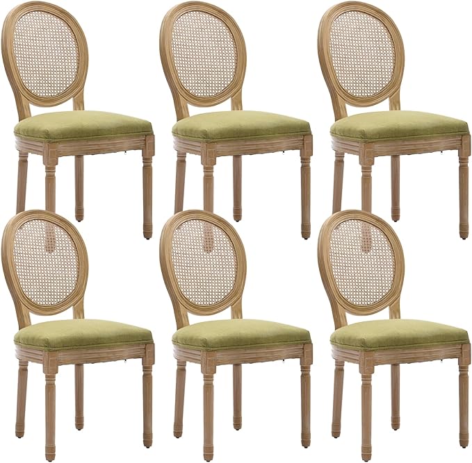 French Country Dining Chairs Set of 6,Farmhouse Upholstered Dining Room Chairs with Round Back and Solid Leg,Rattan Kitchen Chairs for Kitchen/Bedroom/Dining Room,Green