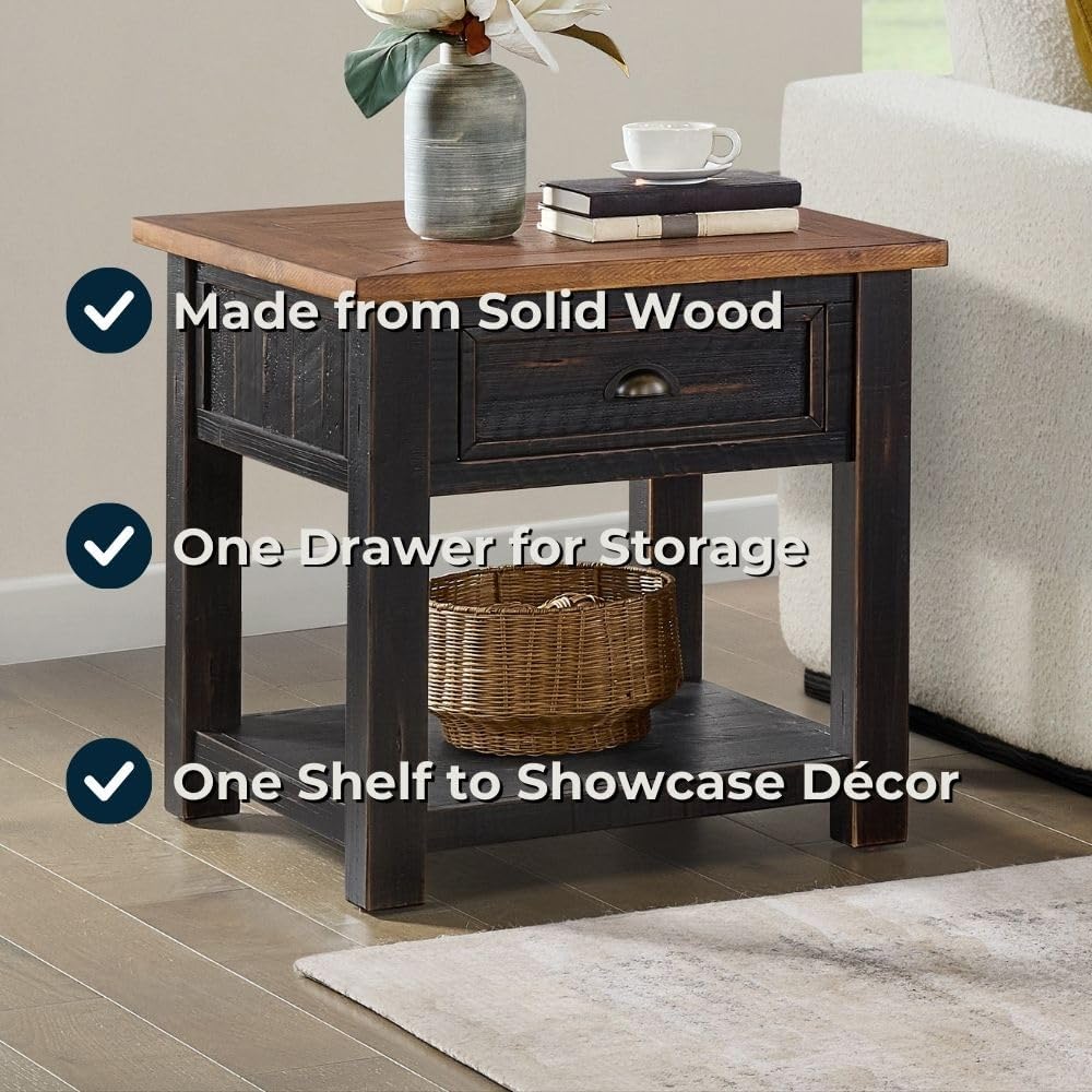 Monterey Farmhouse Rustic End Table, Solid Pine Wood Coastal Side Table with ...