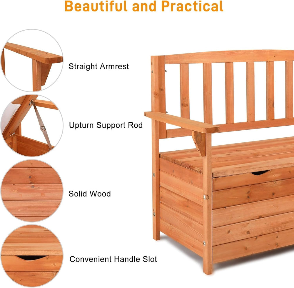 Outdoor Cedar Wood Storage Bench with Backrest and Armrests | 44.09 x 22.83 x...
