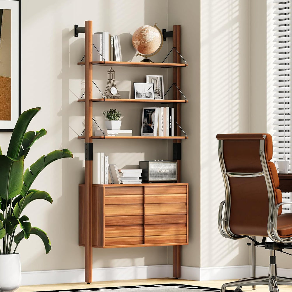 JOINICE 6 Tier Ladder Bookshelf with Storage Cabinet for Living Room,Cherry