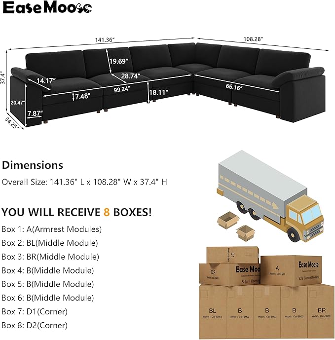 EASE MOOSE Oversized Sectional Modular Sofa,Large L Sectional Couch Wide Deep Seat Modular Cloud Couch,Black