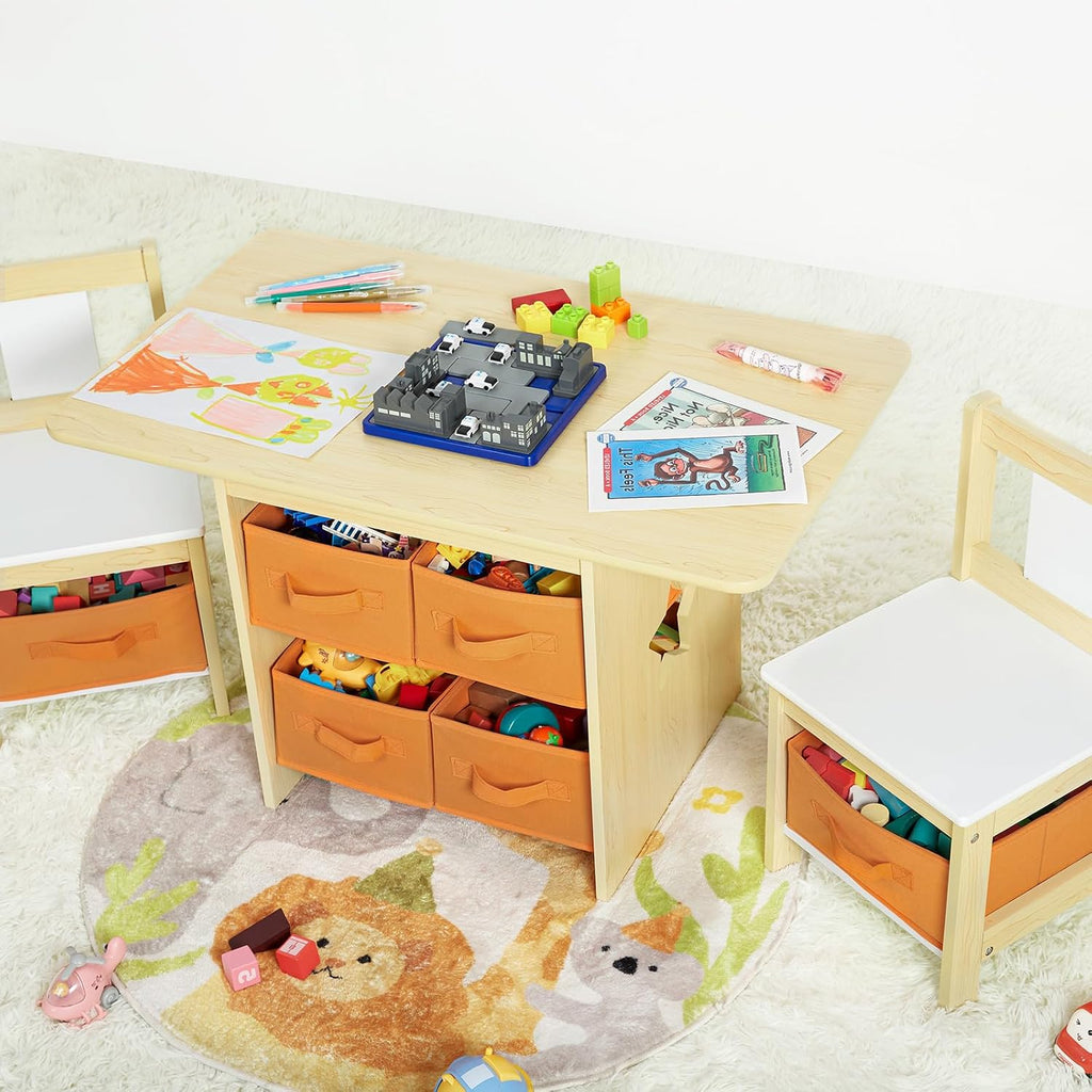 Kids Table and Chair Set: Sturdy with 2 Chairs & 6 Storage Drawers | Wooden Children Activity Desk Group for Drawing Reading Playing - Water Resistant and Easy Clean Furniture Set for Playroom