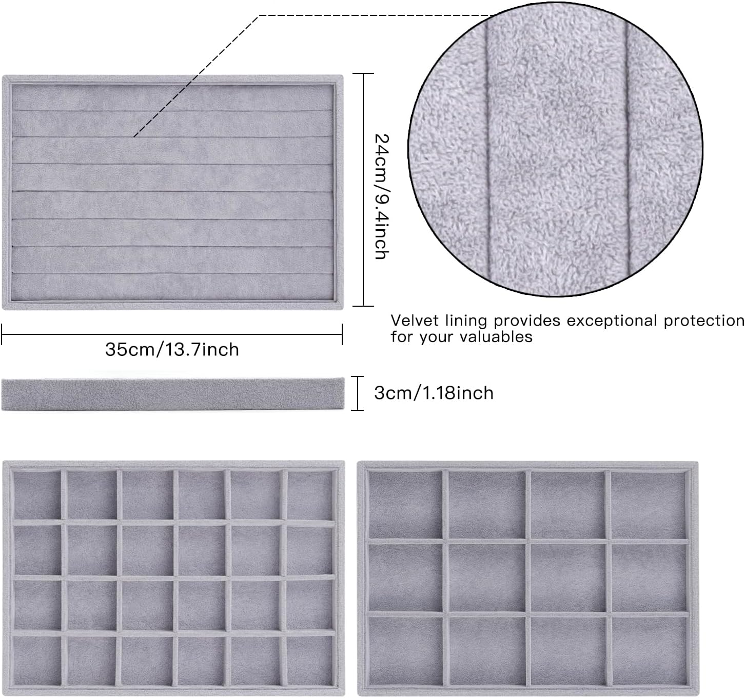 Rocutus Jewelry Trays,3 Pack Stackable Velvet Jewelry Organizer Tray Drawer Jewelry Storage Tray,Divided Ring Organizer Tray for Earrings, Necklaces, Bracelets,13.8"x9.5"x1.2" (Grey)