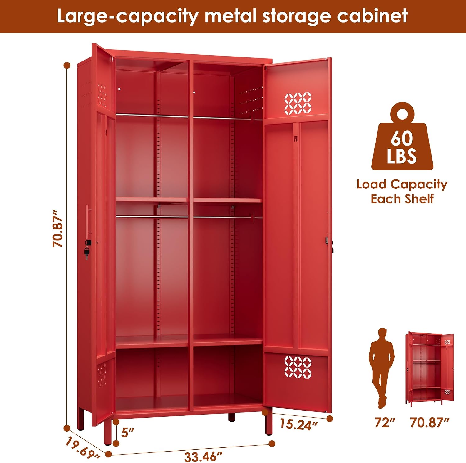 71”H Metal Wardrobe Closet with 4 Adjustable Shelves,Metal Storage Armoire Cabinet with Locks and 2 Hanging Rod for Bedroom,Home, Assembly Required, Red