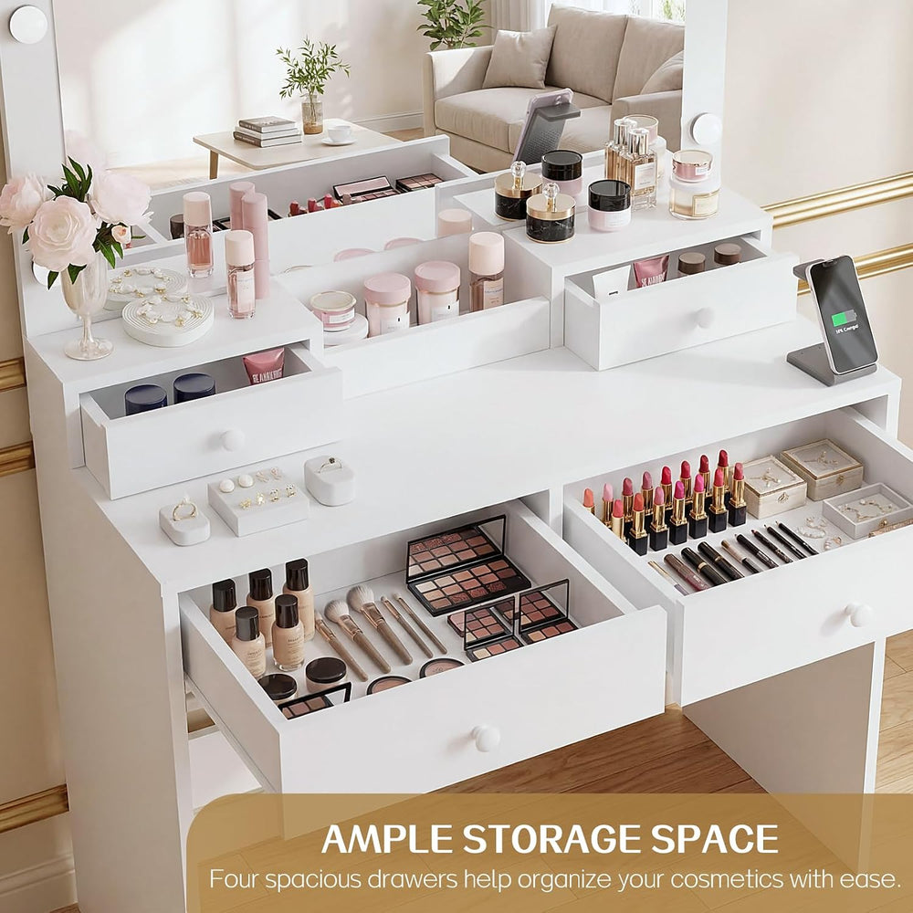 Haewon Vanity Desk Set with LED Mirror, Storage Chair, White Makeup Table | B...
