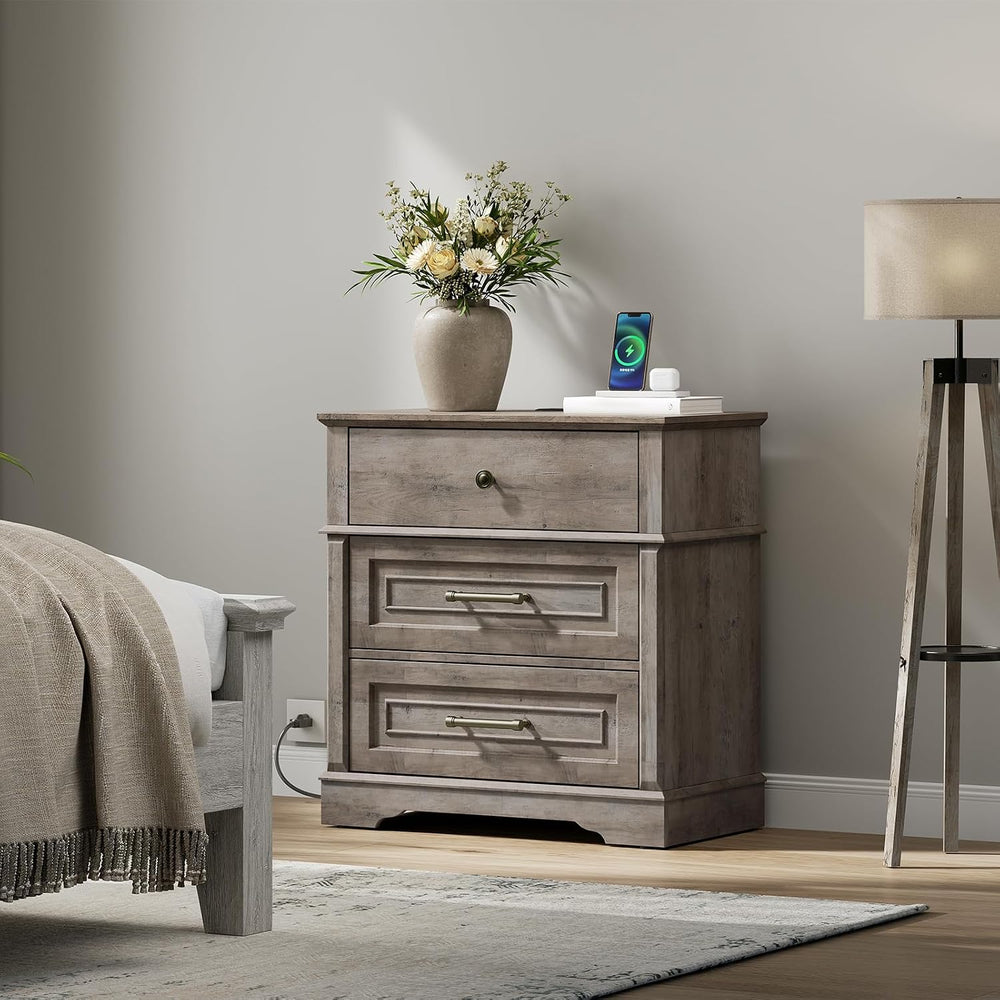 RALGEND 3 Drawer Tall Nightstand with Charging Station, Farmhouse Bedside Tab...