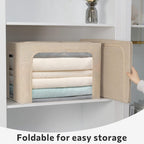 FHSQX Extra Large Clothes Storage Bins Foldable Metal Frame Storage Box Stackable Linen Fabric Box Organizer Set with Carrying Handles and Clear Window (Beige, 23.6x 16.5x 15.7 Inch)