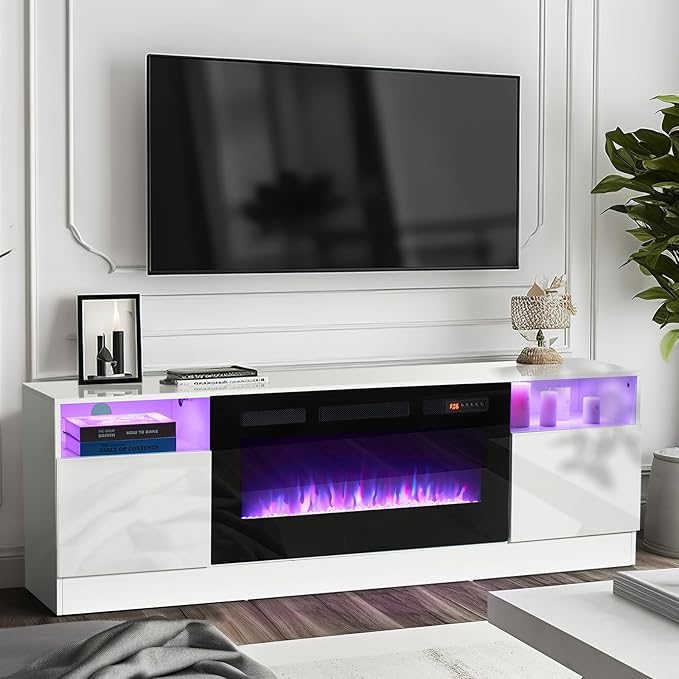 oneinmil Fireplace TV Stand with 36" Electric Fireplace, LED Light Entertainment Center, Modern Wood Texture Highlight Storage Cabinet for TVs Up to 80", 70 inches,White