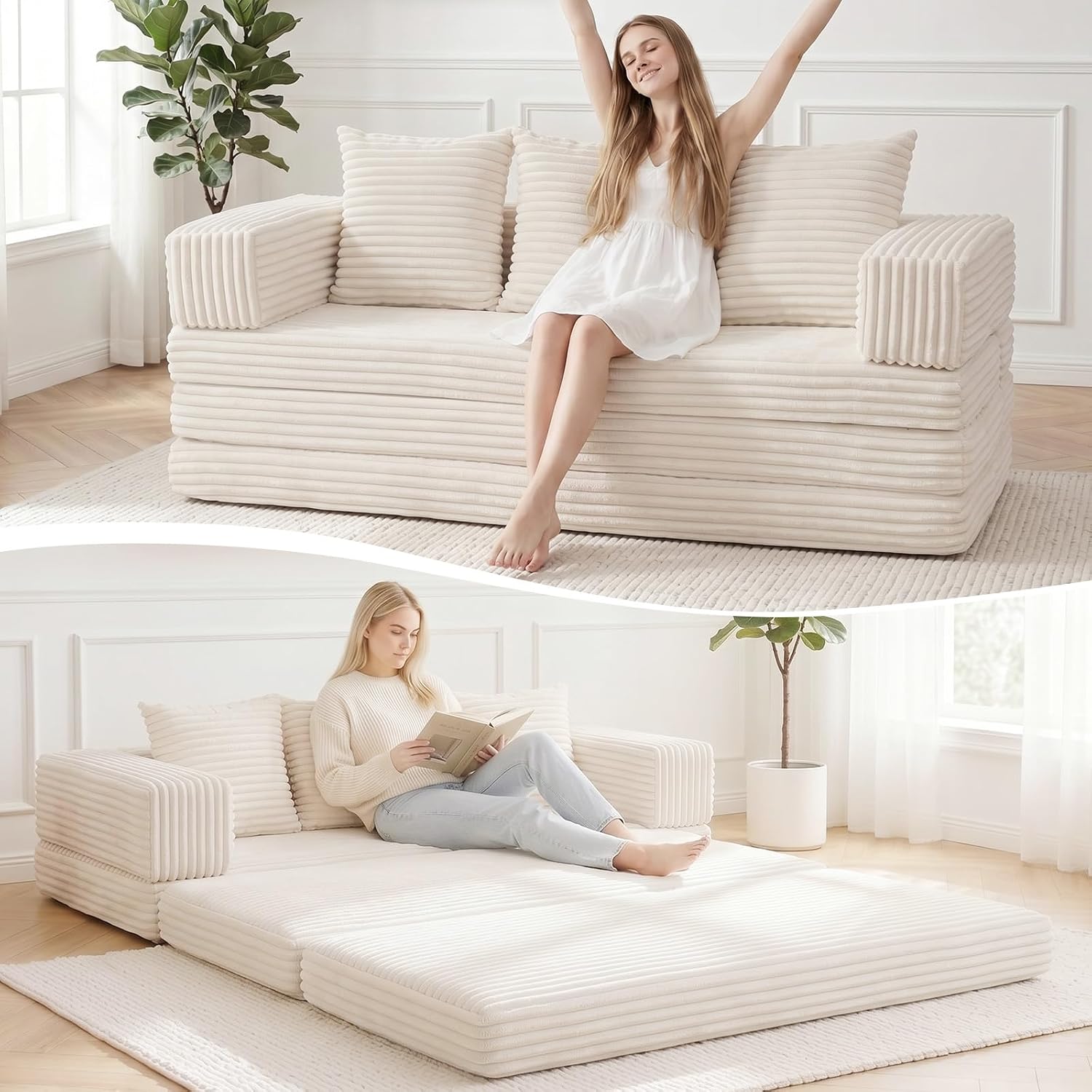 Convertible Sofa Bed,3 Seater Couch Futon Sleeper Sofa with Removable Armrests Backrest,Corduroy Folding Floor Boneless Couch for Living Room,Small Space,Beige