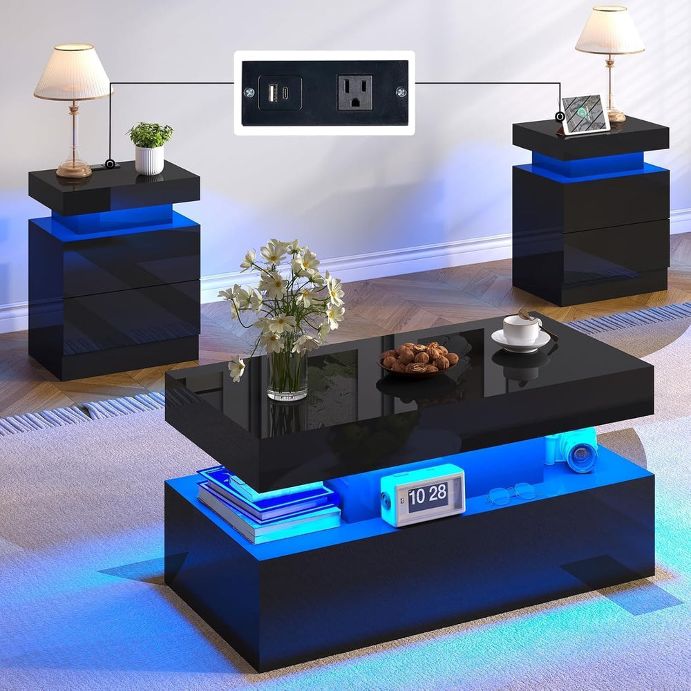 LUXOAK 3-Piece Modern Coffee Table Set with LED Lights | High-Gloss Finish, C...