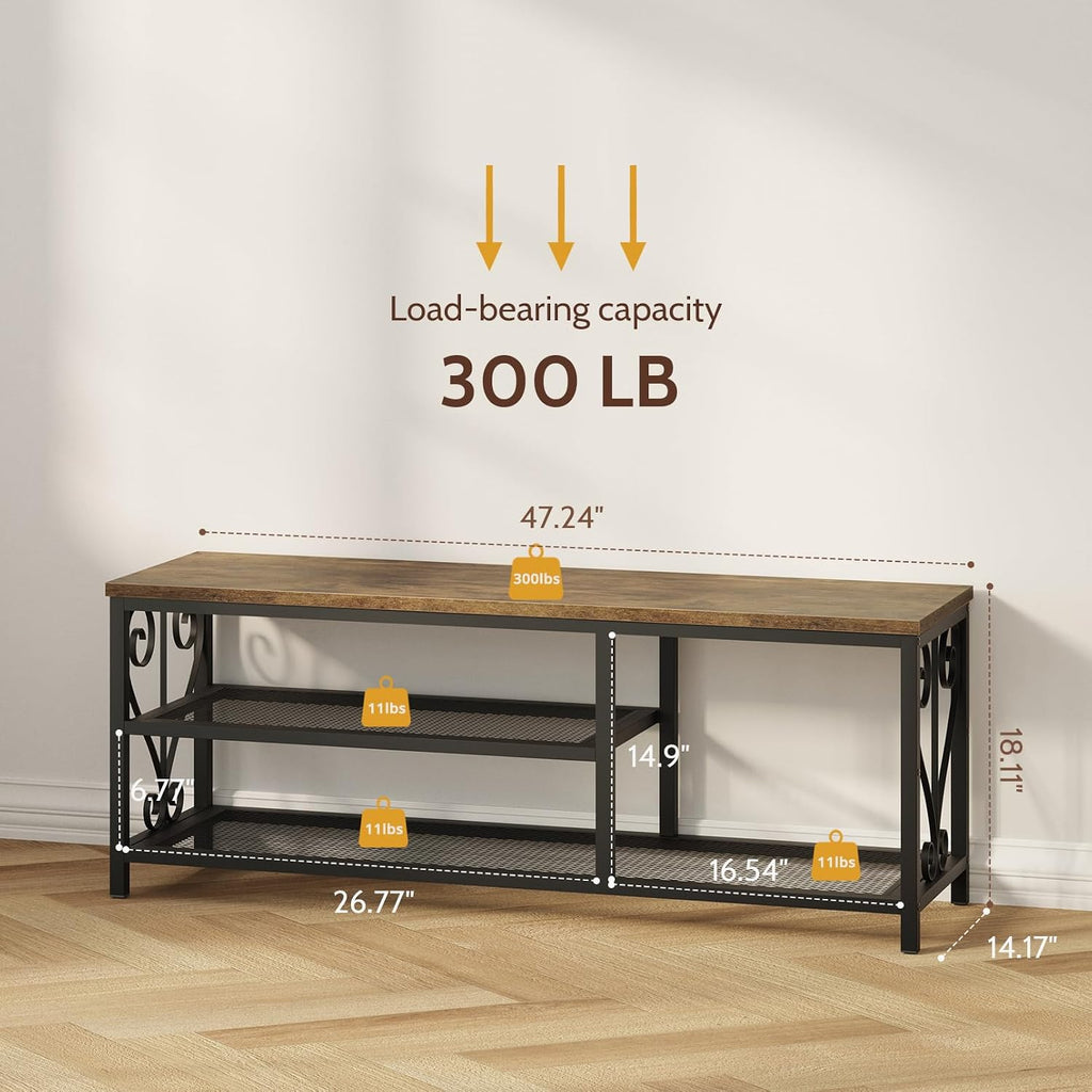 Entryway Storage Bench with Shoe Rack, 47.2" Wide Hallway Bench with Seating, Rustic Wood Top & Metal Frame, 2-Tier Shoe Organizer for Entryway, Bedroom, or Living Room, Brown