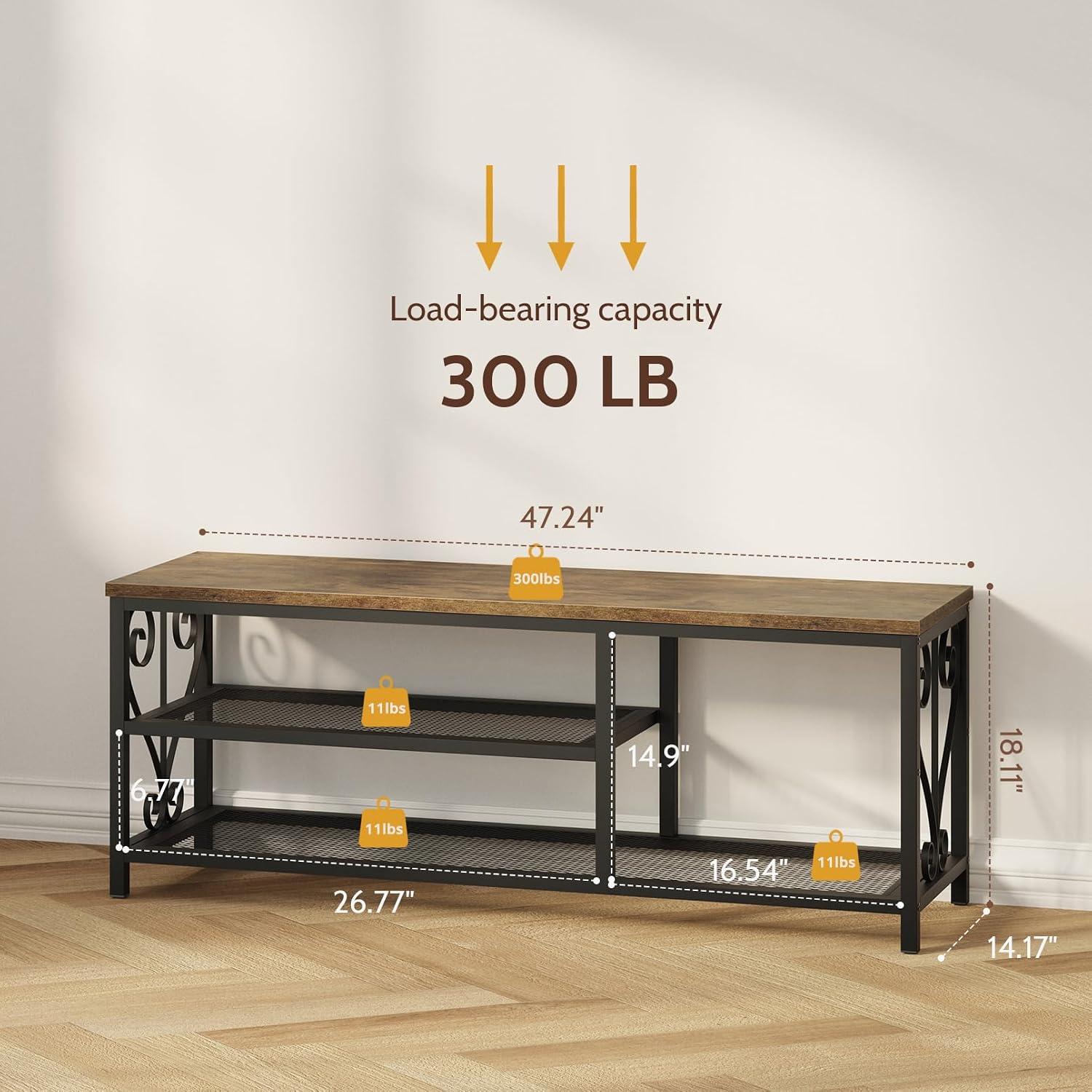 Entryway Storage Bench with Shoe Rack, 47.2" Wide Hallway Bench with Seating, Rustic Wood Top & Metal Frame, 2-Tier Shoe Organizer for Entryway, Bedroom, or Living Room, Brown