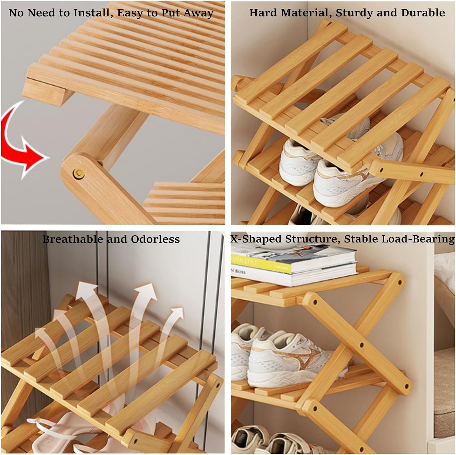5 Tier Foldable Shoe Rack, Bamboo Vertical Shoe Organizer Tall for Multifunctional Narrow Shoe Shelf for Entryway, Closet, Corner, Bedroom, Hallway(Natural)