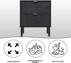 Sango Merk 2-Drawer Nightstand, Modern Black Bedside Table with Cylindrical Wood Legs, Vertical & Horizontal Groove Patterns, Discreet Metal Finger Pulls, Smart Storage for Living Room or Office Room