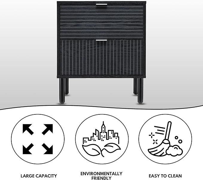 Sango Merk 2-Drawer Nightstand, Modern Black Bedside Table with Cylindrical Wood Legs, Vertical & Horizontal Groove Patterns, Discreet Metal Finger Pulls, Smart Storage for Living Room or Office Room